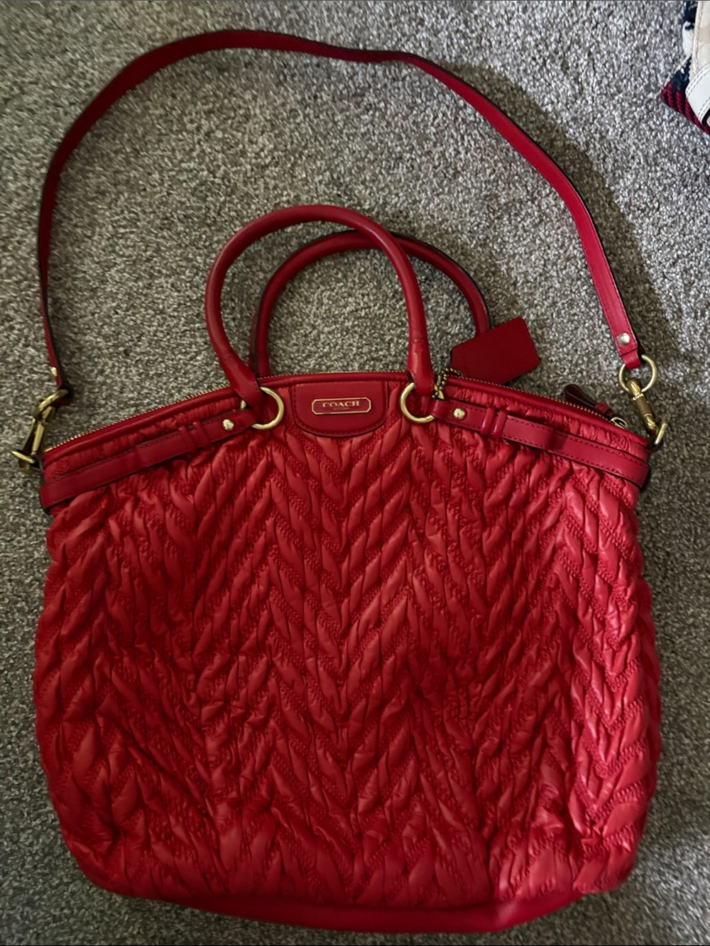 Coach Red Quilted Tote with Top Handles and Crossbody Strap
